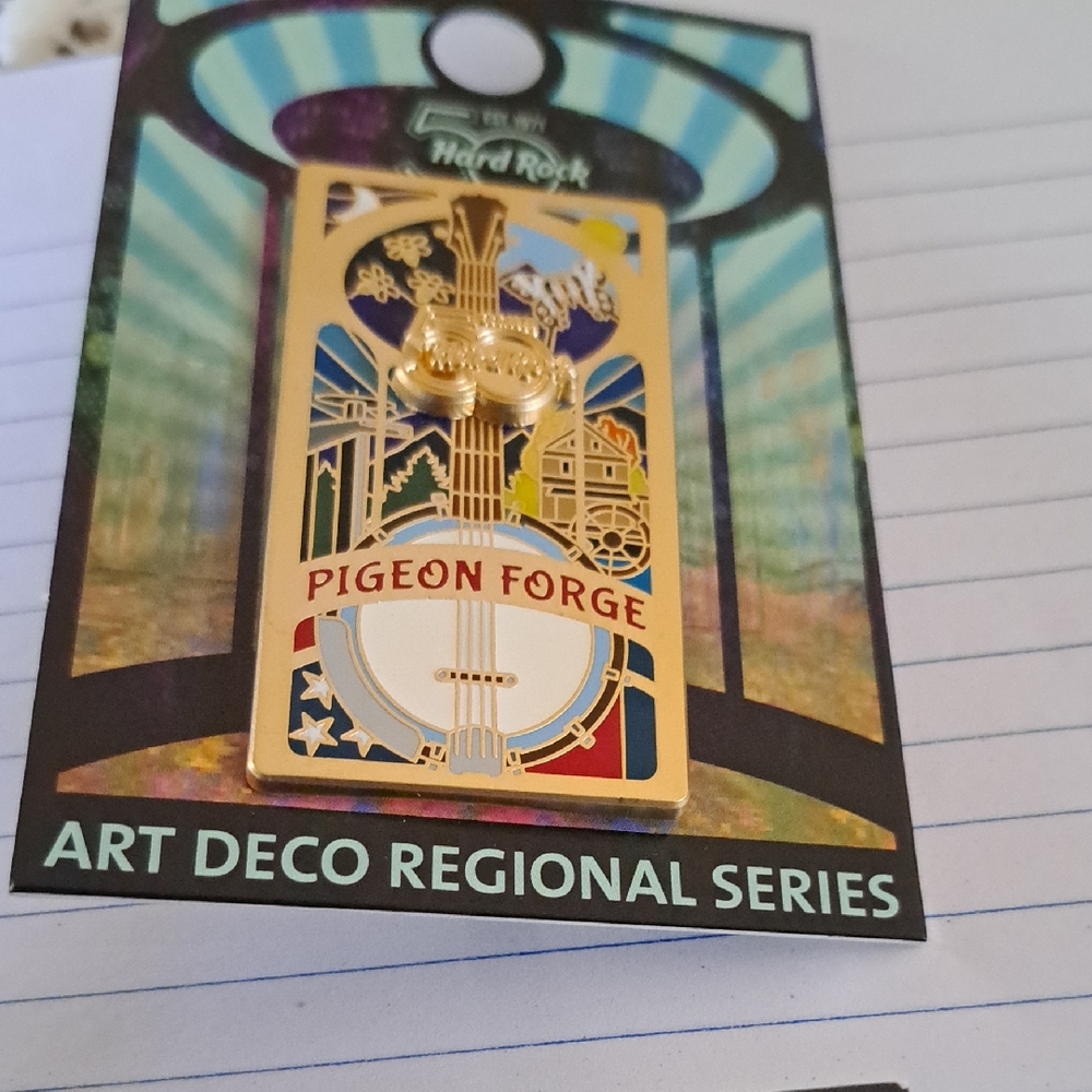 Hard Rock Pigeon Forge Art Deco Enamel Pin - Gold, Blue, Red, White